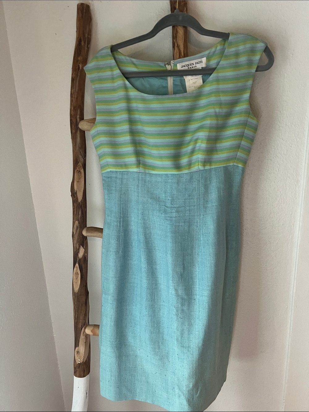Jacques Fath Paris Designer Vintage Woven Turquoise Lime Striped Dress Medium
